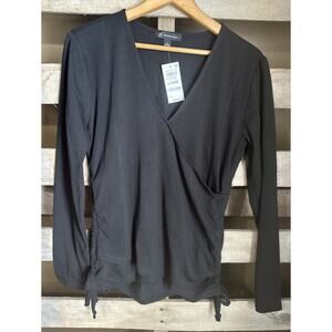 NWT INC International Concepts Black Vneck Ruched Top Long Sleeve Size Large